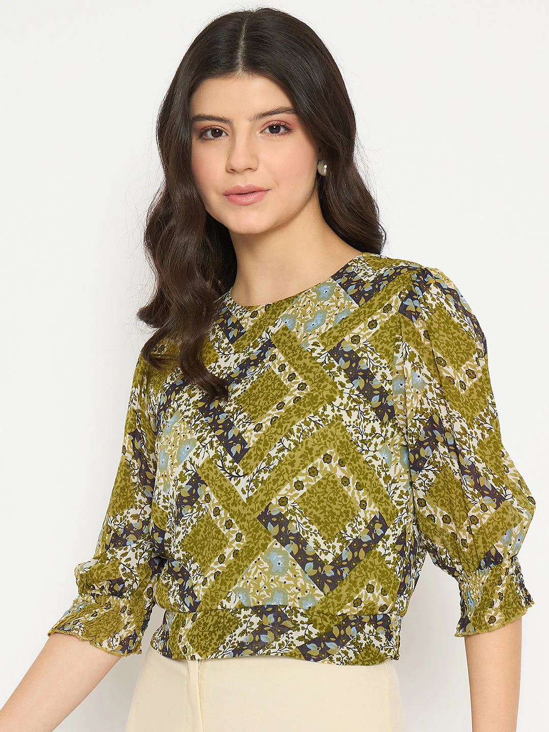 Madame Geometric Print Cinch Waist Green Top - Image 5