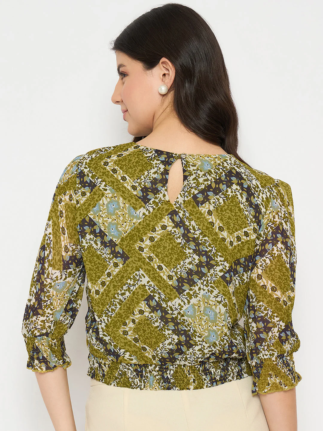 Madame Geometric Print Cinch Waist Green Top - Image 6