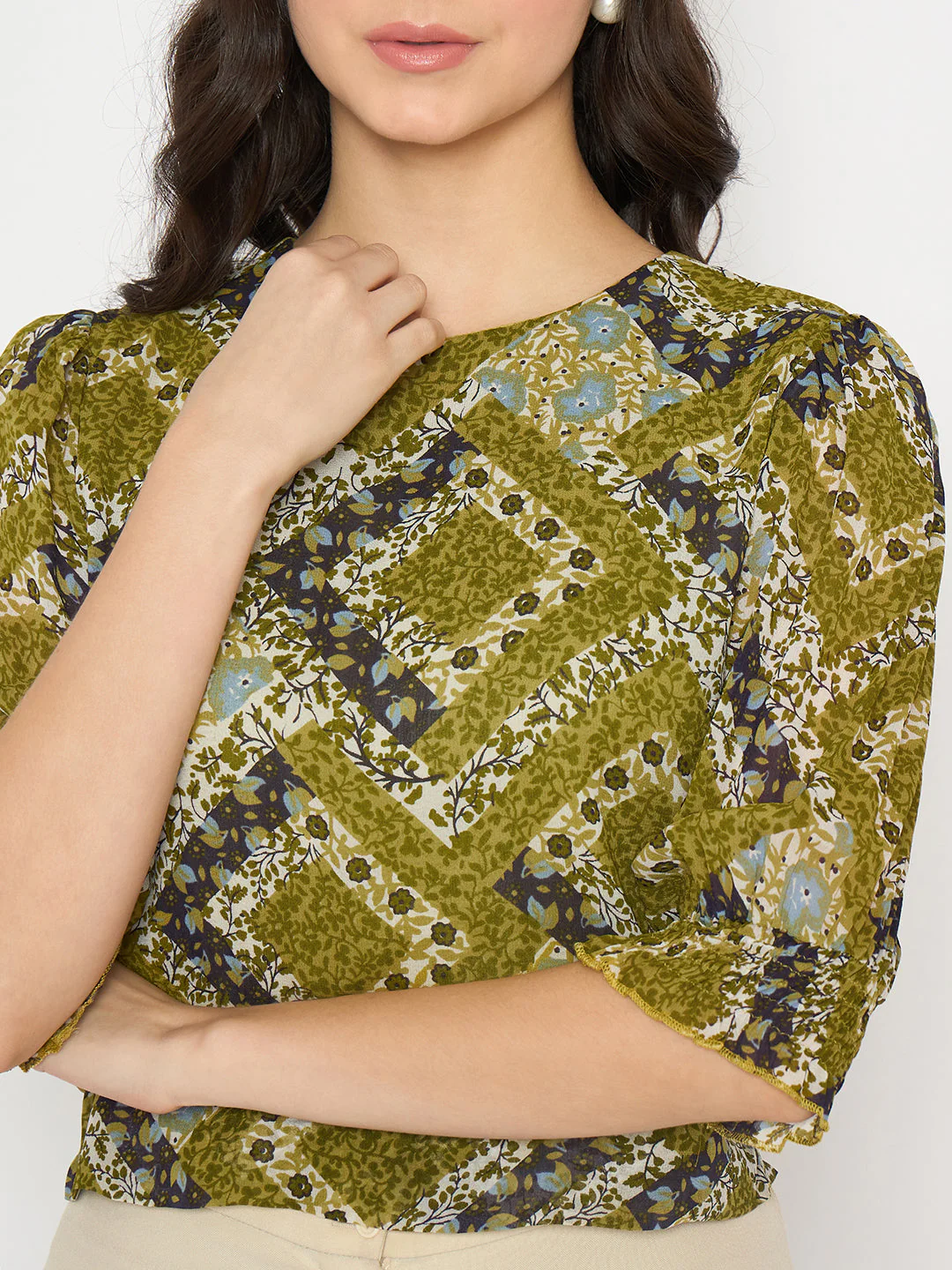 Madame Geometric Print Cinch Waist Green Top - Image 7
