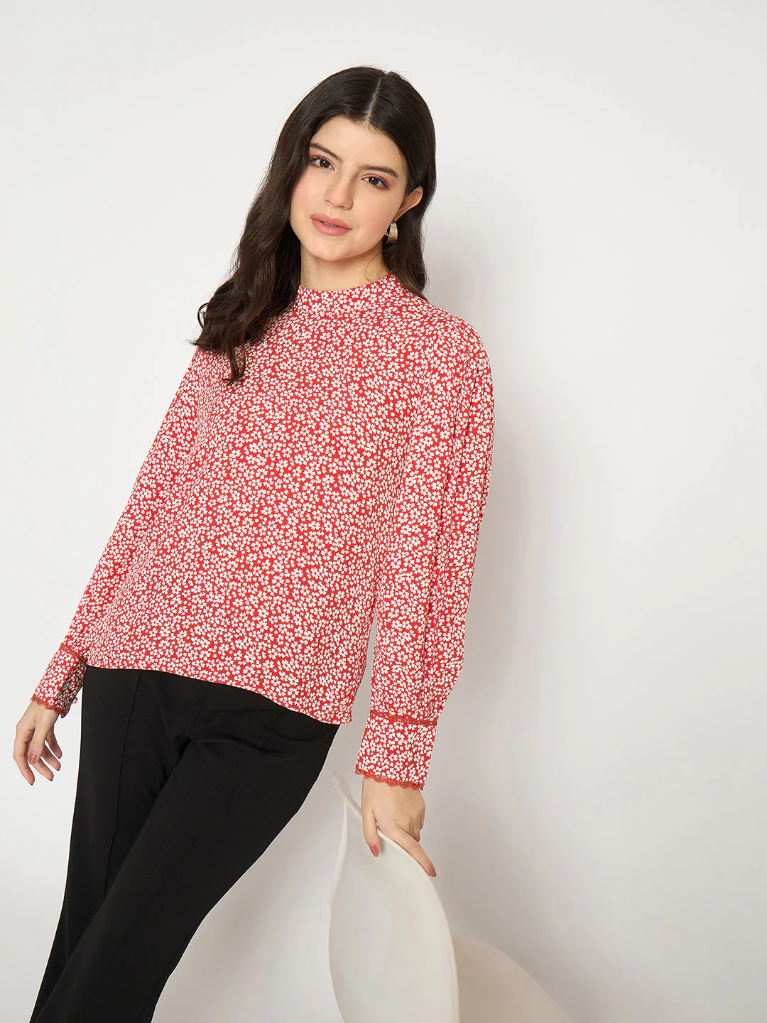 Madame All Over Print Cuff Sleeve Red Top