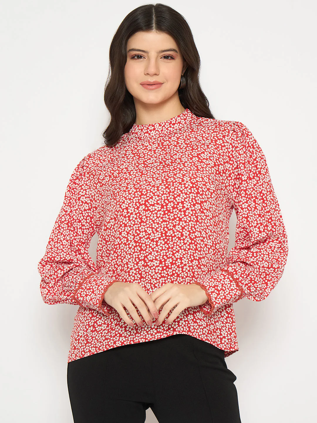 Madame All Over Print Cuff Sleeve Red Top - Image 3
