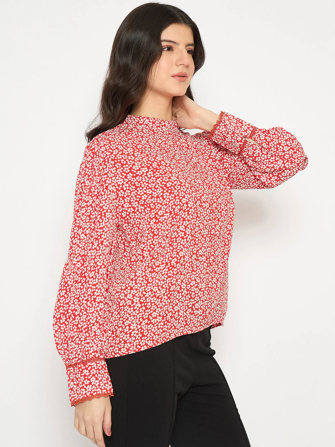 Madame All Over Print Cuff Sleeve Red Top - Image 4