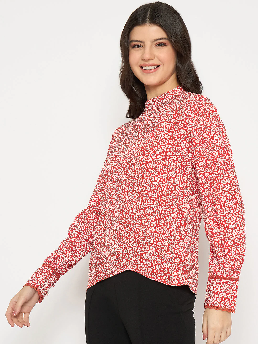 Madame All Over Print Cuff Sleeve Red Top - Image 5
