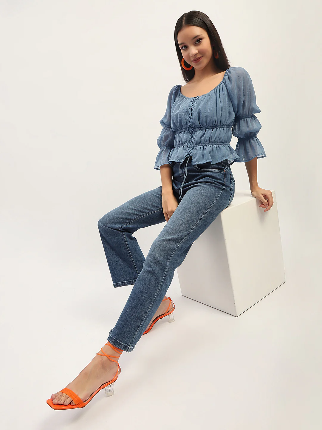 Madame Ruched Detailing Blue Peplum Top - Image 2