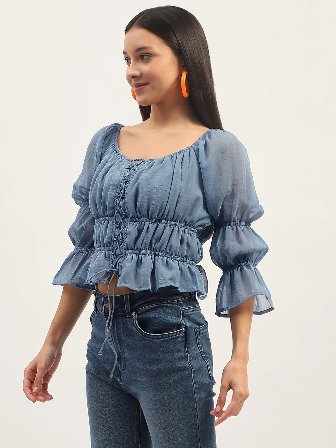 Madame Ruched Detailing Blue Peplum Top - Image 5