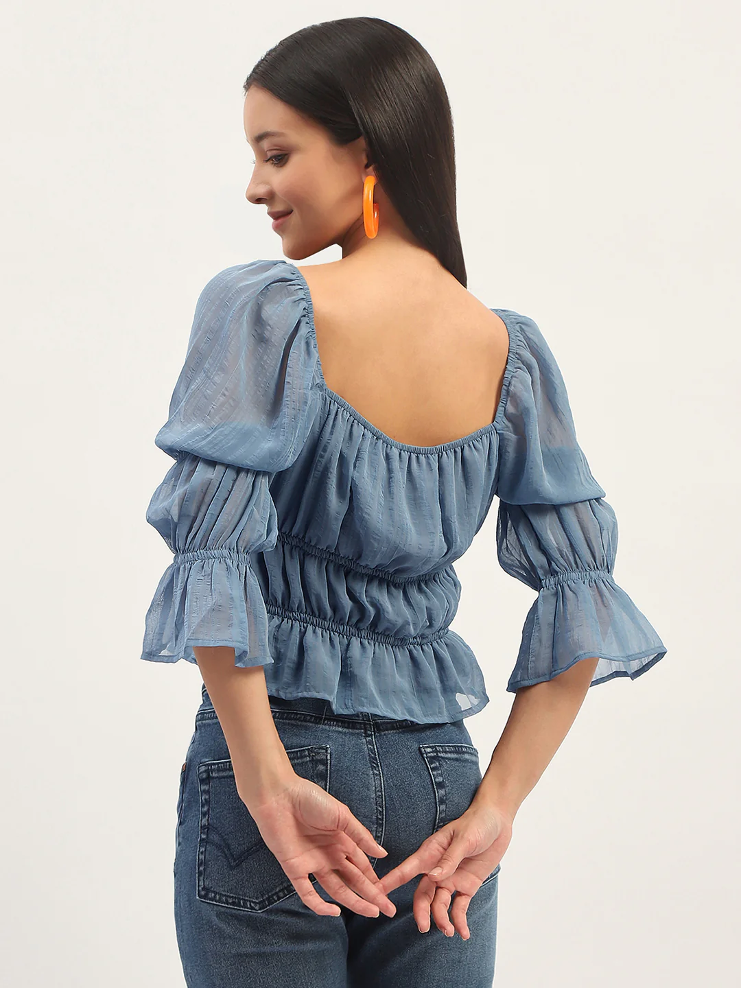 Madame Ruched Detailing Blue Peplum Top - Image 6