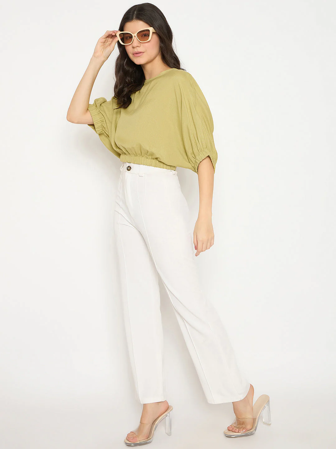 Madame Elasticated Hem Solid Apple Green Top - Image 2