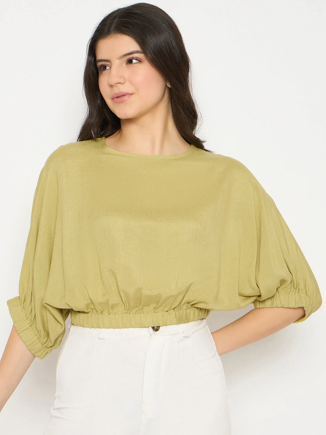 Madame Elasticated Hem Solid Apple Green Top - Image 3