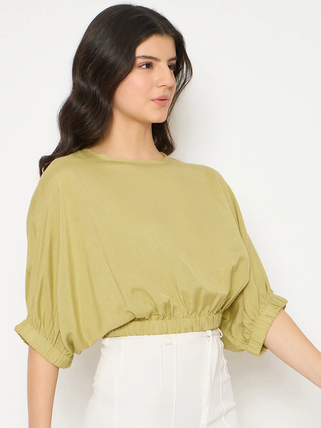 Madame Elasticated Hem Solid Apple Green Top - Image 4