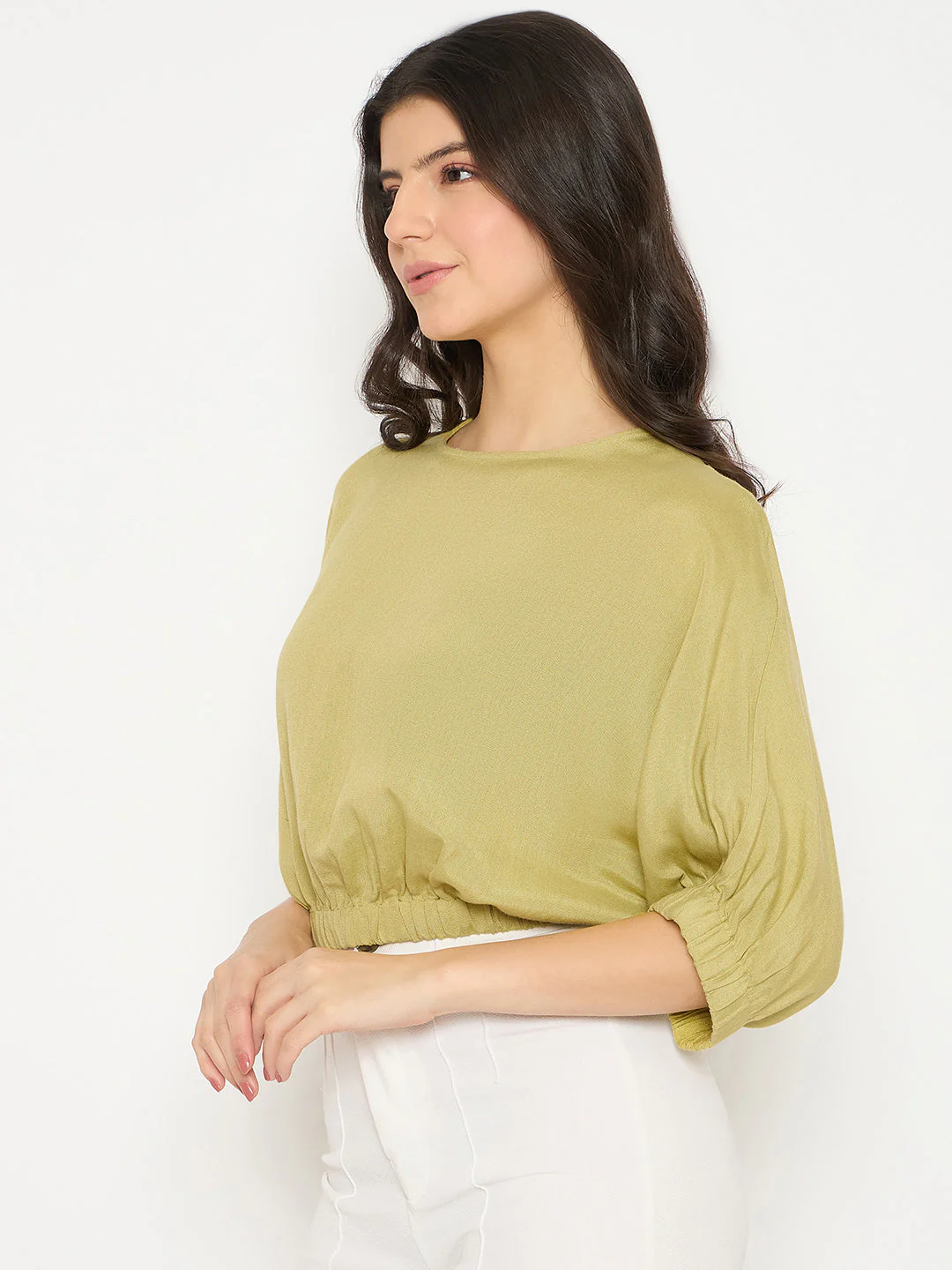 Madame Elasticated Hem Solid Apple Green Top - Image 5