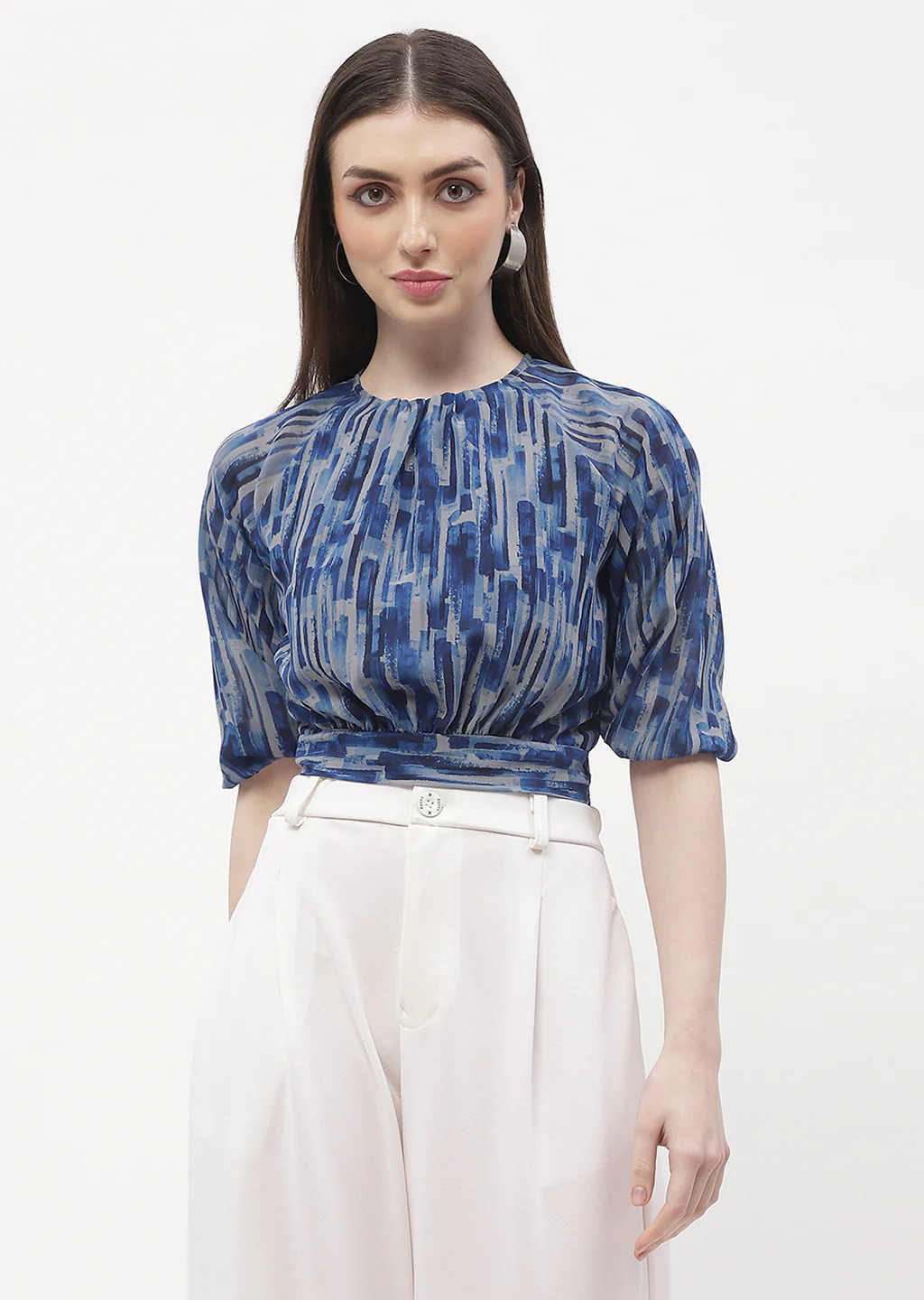 Madame Raglan Sleeve Blue Abstract Print Crop Top