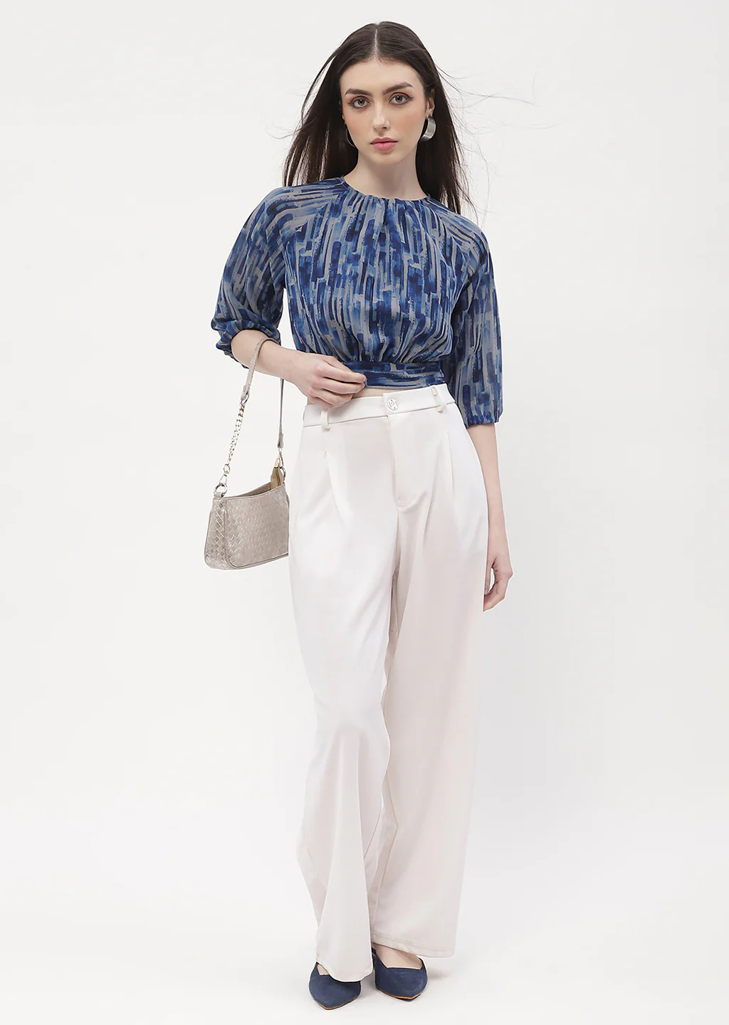 Madame Raglan Sleeve Blue Abstract Print Crop Top - Image 2