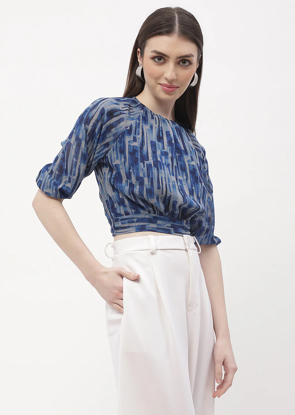 Madame Raglan Sleeve Blue Abstract Print Crop Top - Image 3