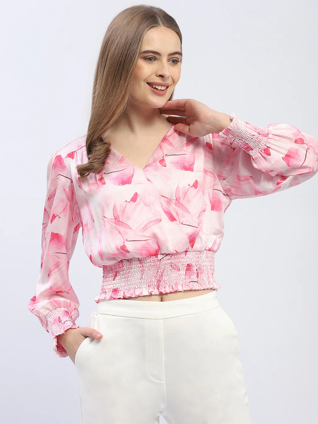 Madame V-Neck Pink Cinched Waist Crop Top