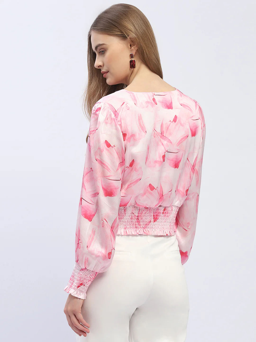 Madame V-Neck Pink Cinched Waist Crop Top - Image 5