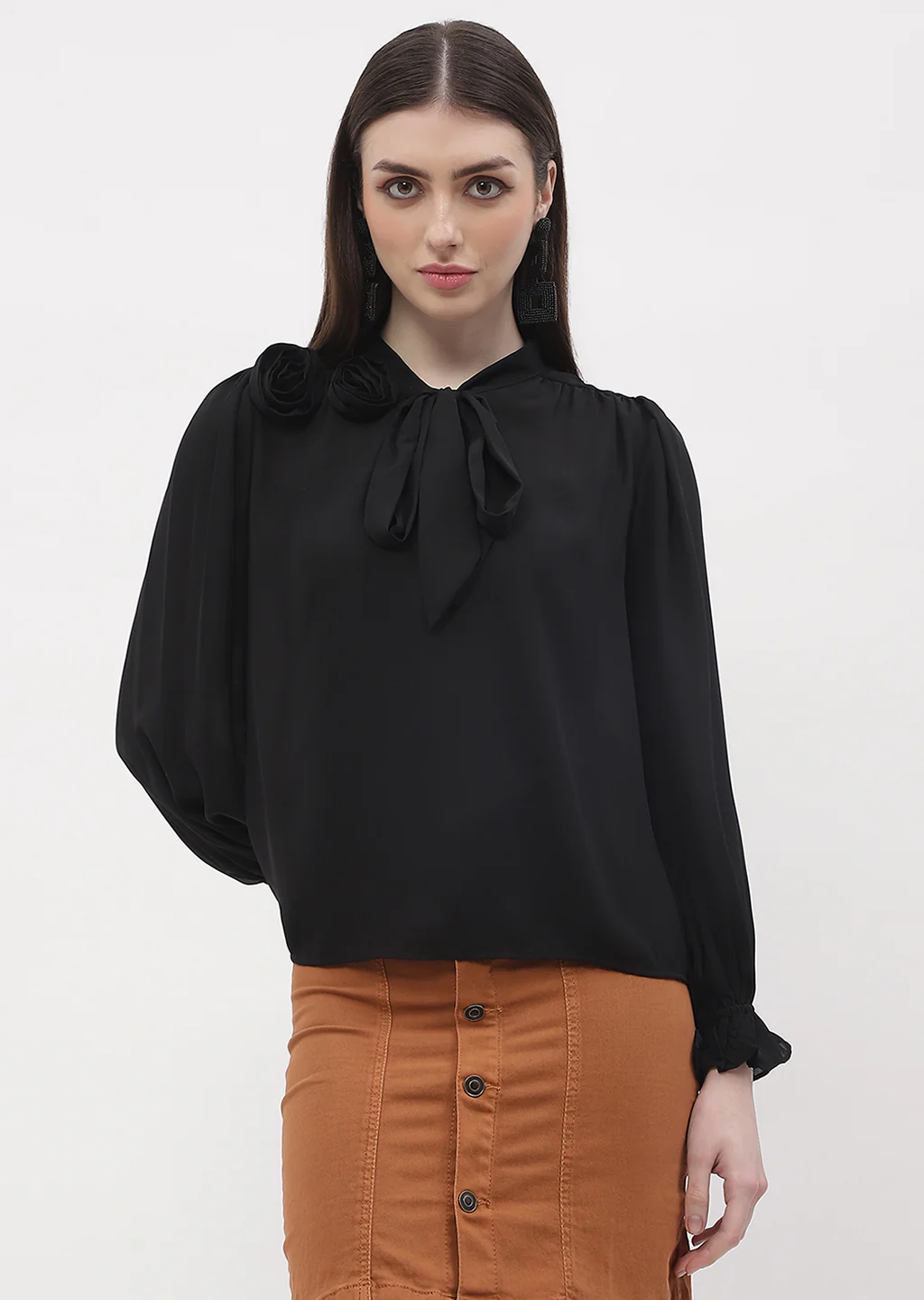 Madame Applique Adorned Black Poet Sleeve Top - Image 3