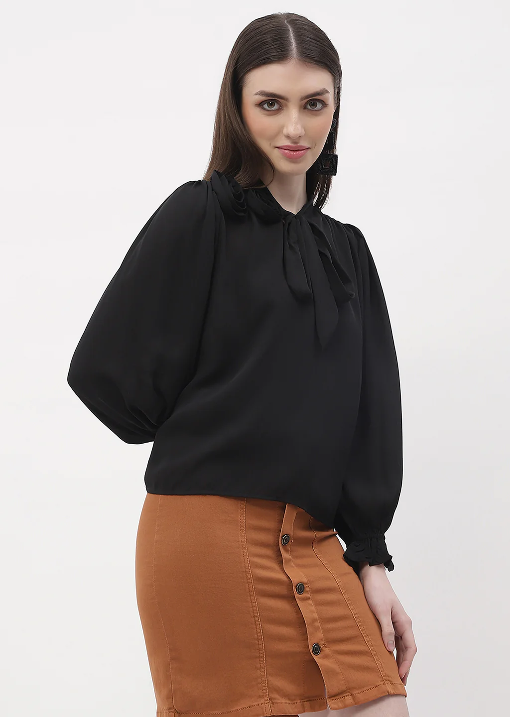 Madame Applique Adorned Black Poet Sleeve Top - Image 4