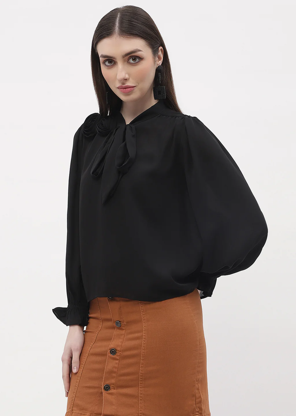 Madame Applique Adorned Black Poet Sleeve Top - Image 5