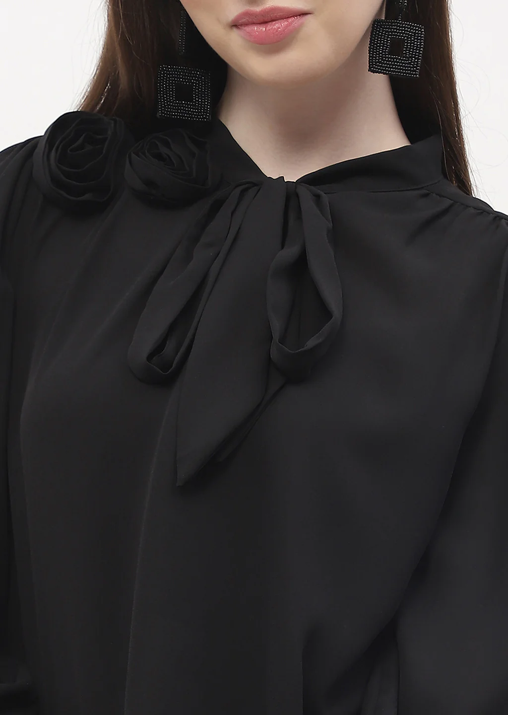 Madame Applique Adorned Black Poet Sleeve Top - Image 7