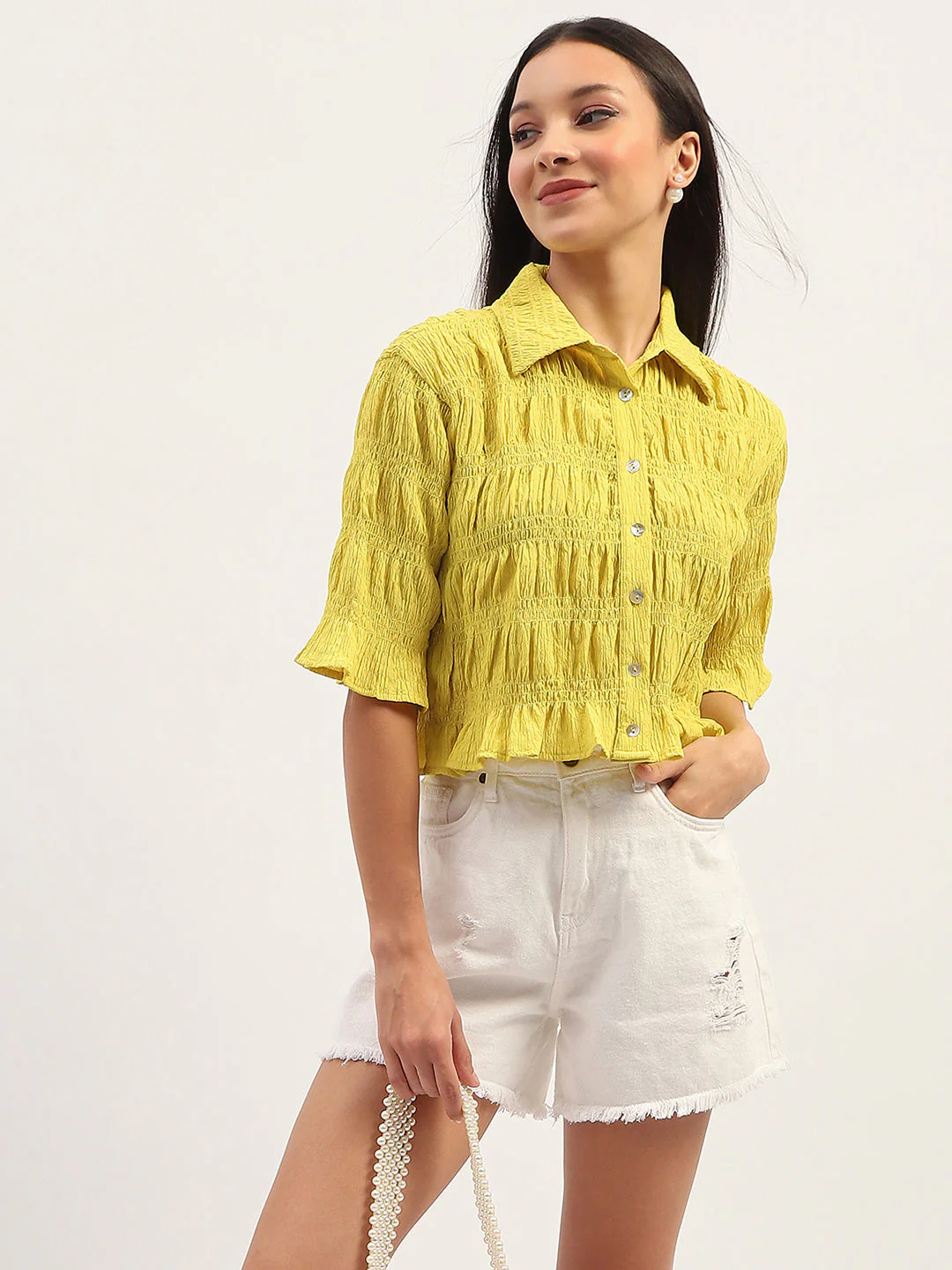 Madame Pleated Detailing Solid Lime Shirt - Image 2