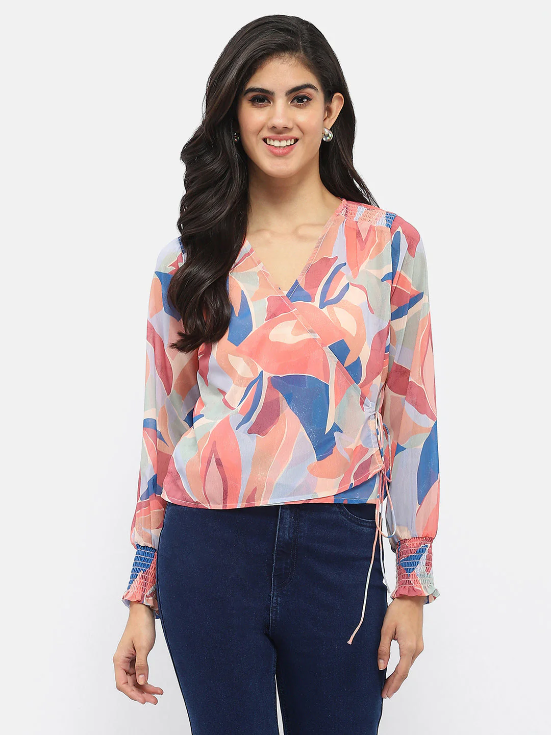 Madame Abstract Print Multicolour Tie Knot Wrap Top - Image 2