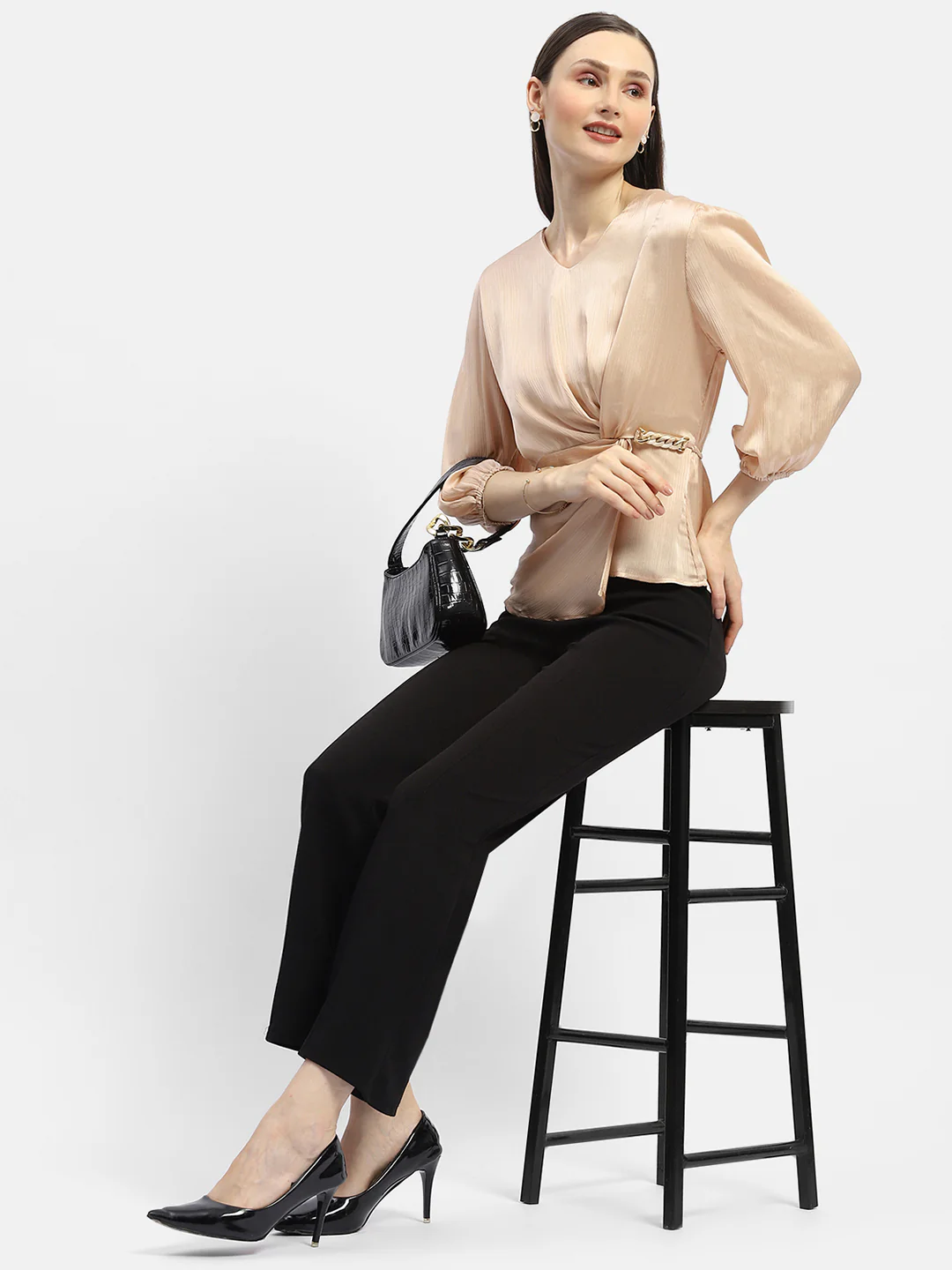 Madame Peasant Sleeve Golden Chain Adorned Top - Image 2