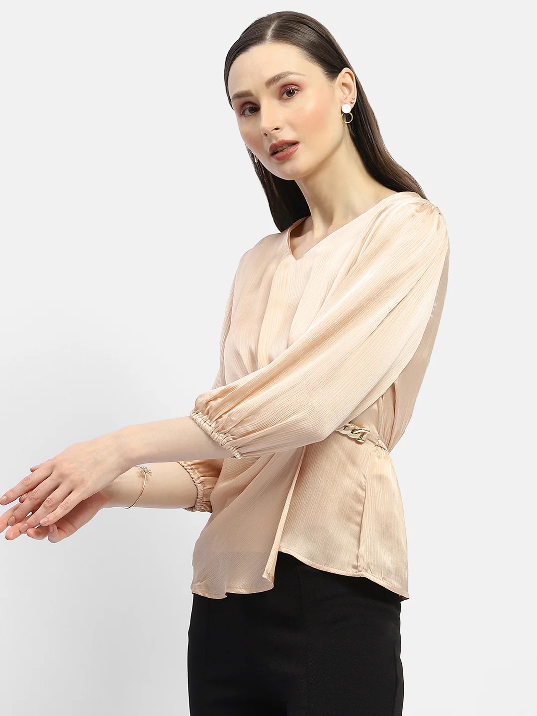 Madame Peasant Sleeve Golden Chain Adorned Top - Image 5