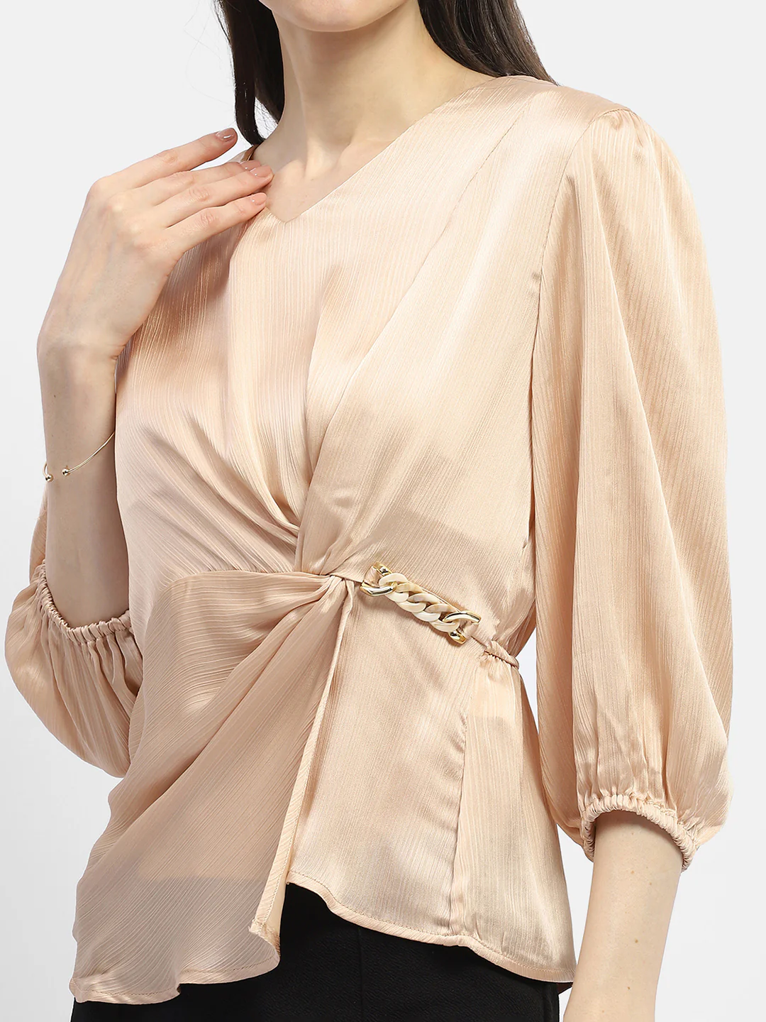 Madame Peasant Sleeve Golden Chain Adorned Top - Image 7