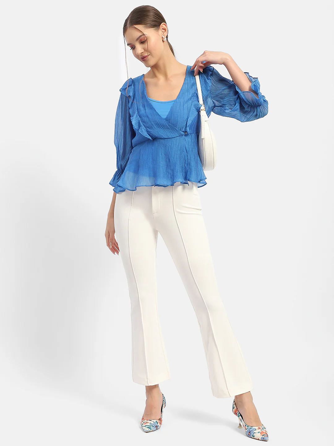 Madame Surplice Neck Royal Blue Poet Sleeve Top - Image 2