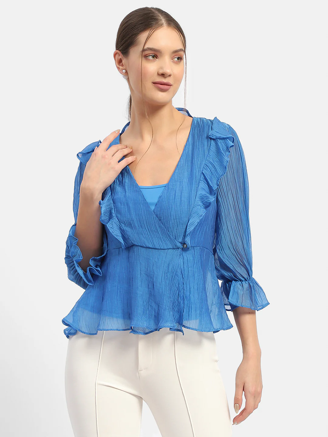 Madame Surplice Neck Royal Blue Poet Sleeve Top - Image 3