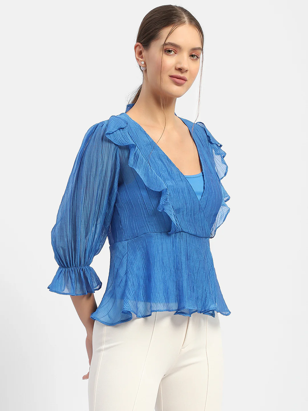Madame Surplice Neck Royal Blue Poet Sleeve Top - Image 4