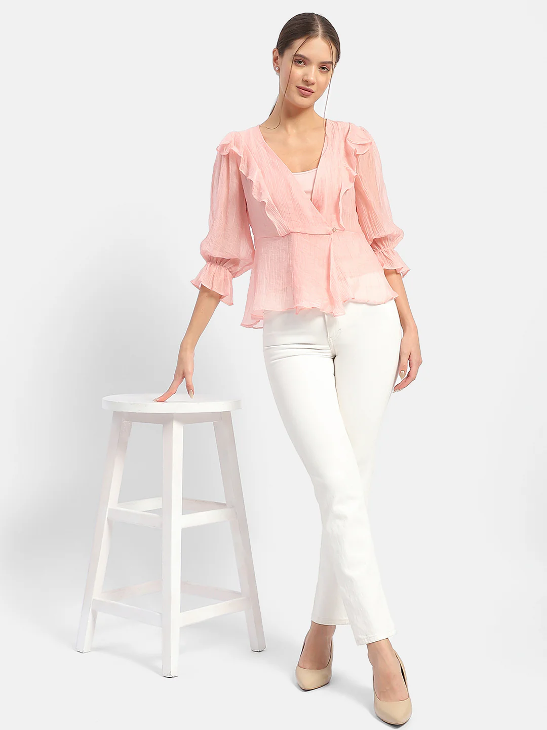 Madame Surplice Neck Salmon Poet Sleeve Top - Image 2