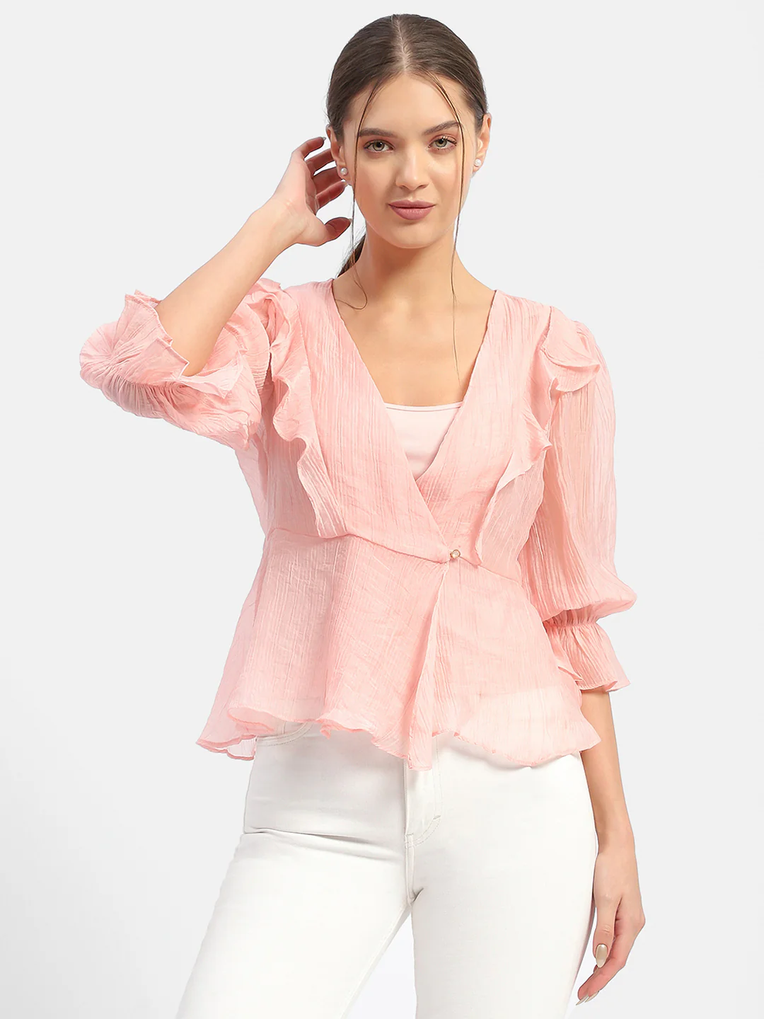 Madame Surplice Neck Salmon Poet Sleeve Top - Image 3