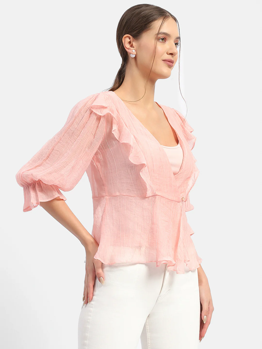 Madame Surplice Neck Salmon Poet Sleeve Top - Image 4