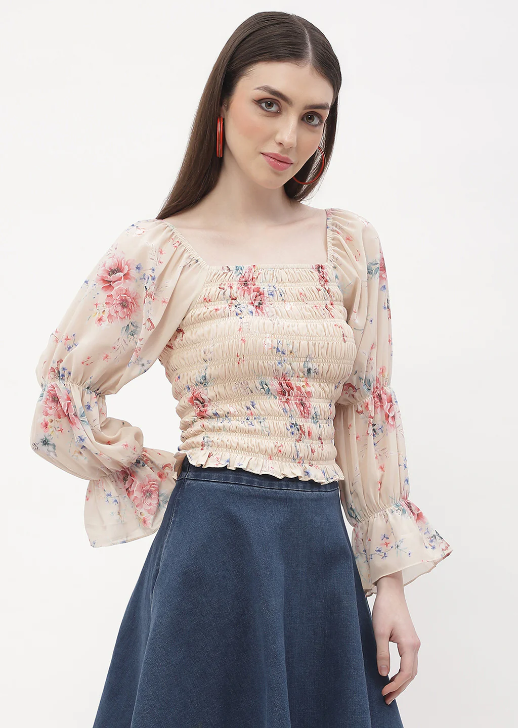 Madame Floral Beige Smocked Top - Image 3