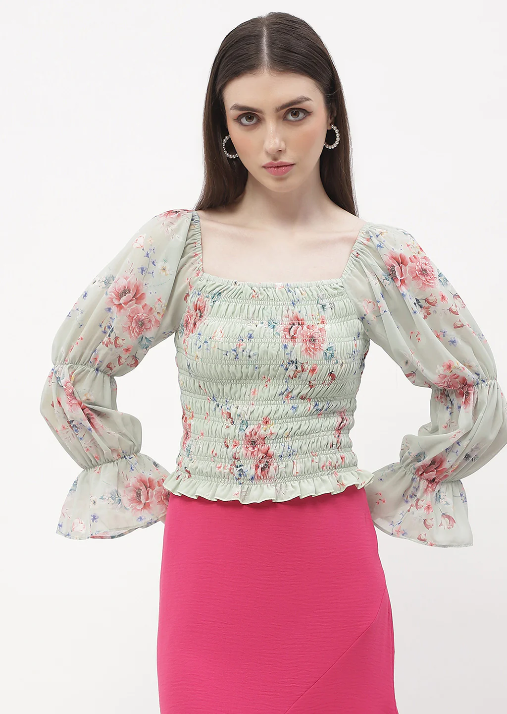 Madame Floral Mint Green Smocked Top