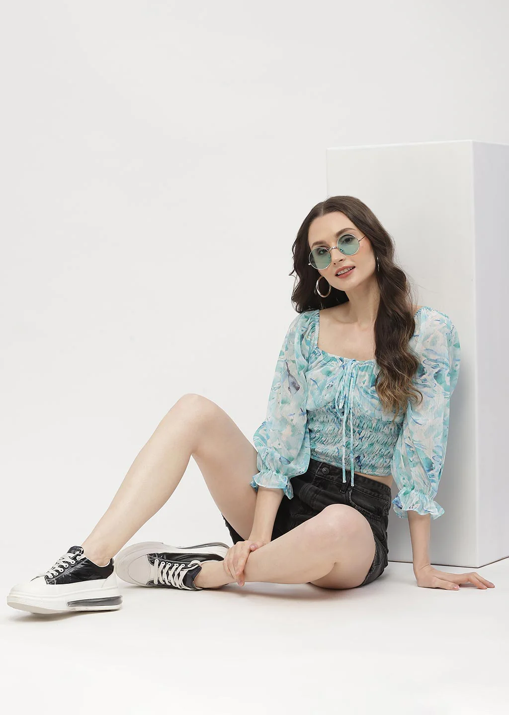 Madame Poet Sleeve Mint Blue Smocked Crop Top - Image 3
