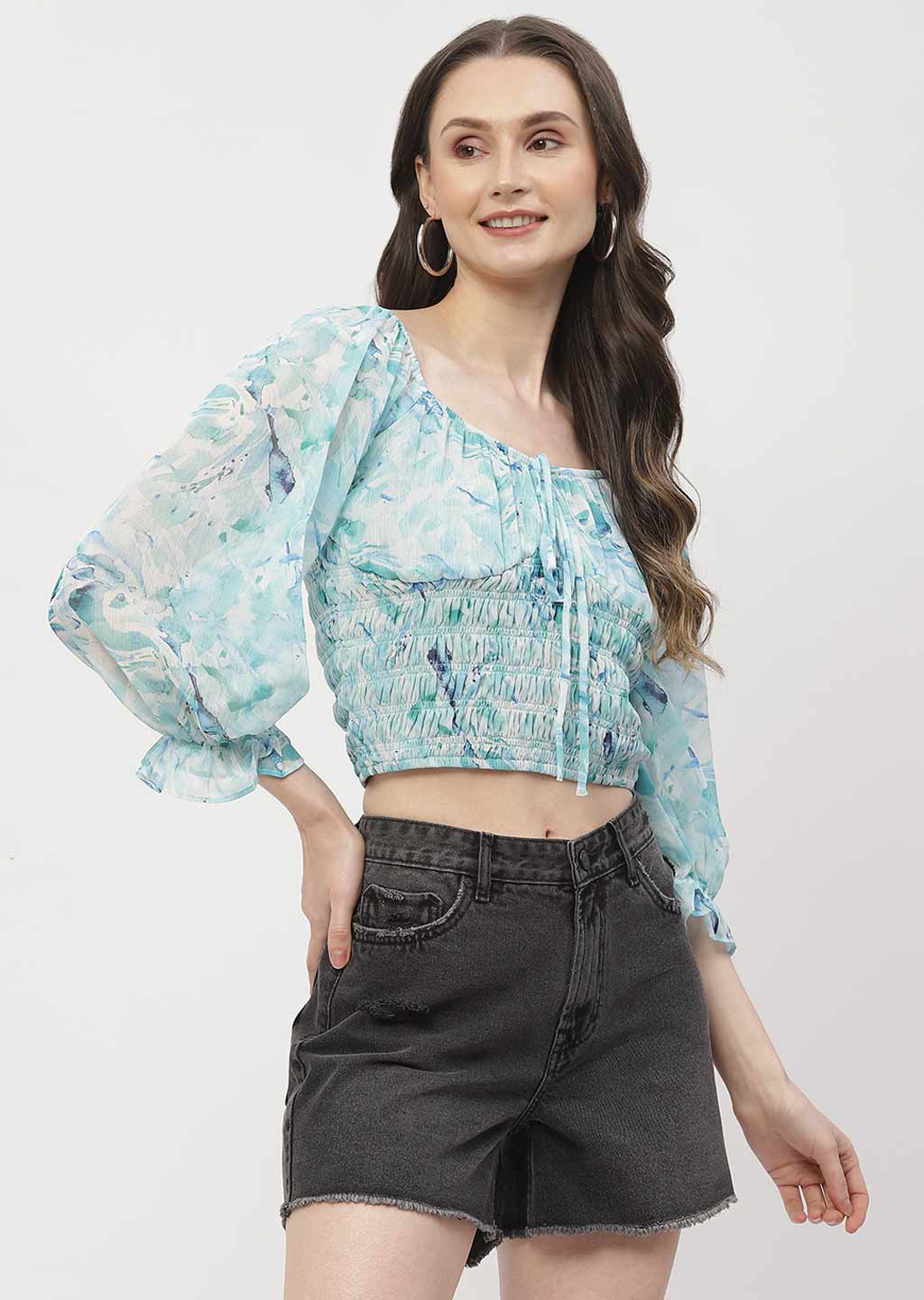Madame Poet Sleeve Mint Blue Smocked Crop Top - Image 4