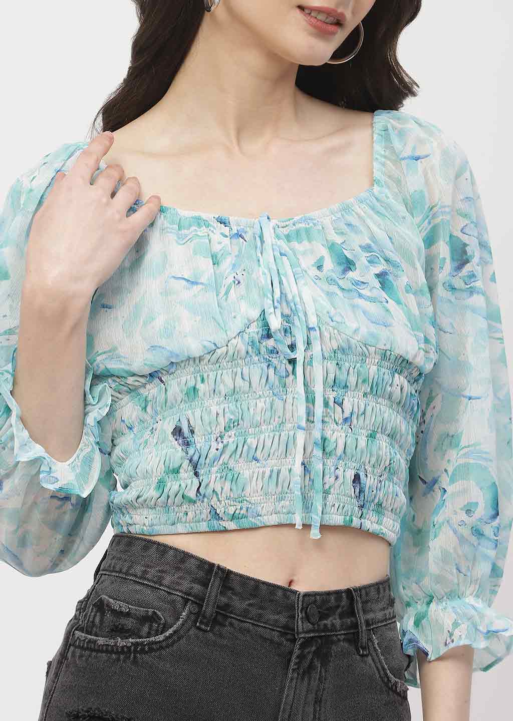 Madame Poet Sleeve Mint Blue Smocked Crop Top - Image 7
