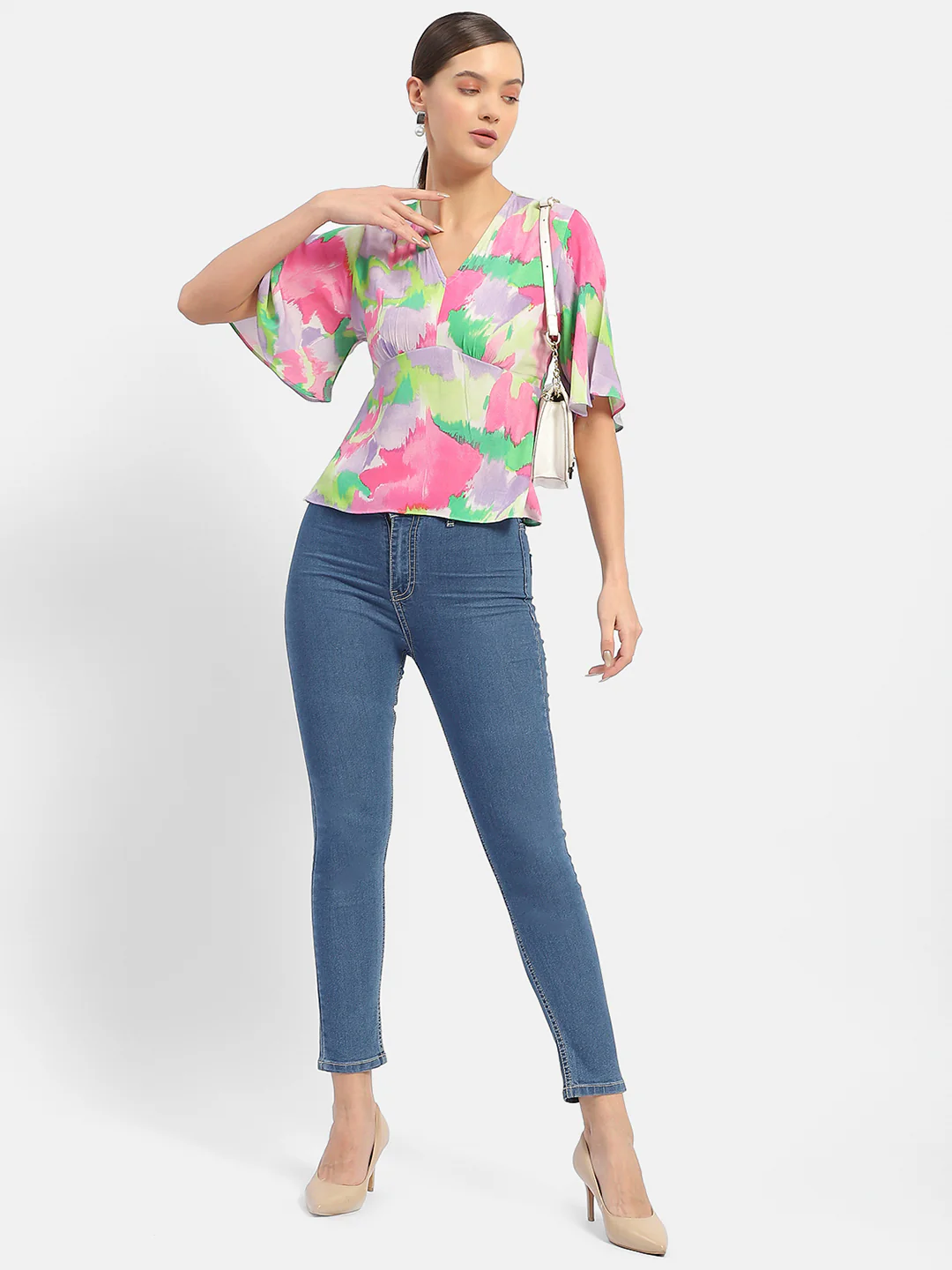 Madame Floral Print Pink Flutter Sleeve Top - Image 2