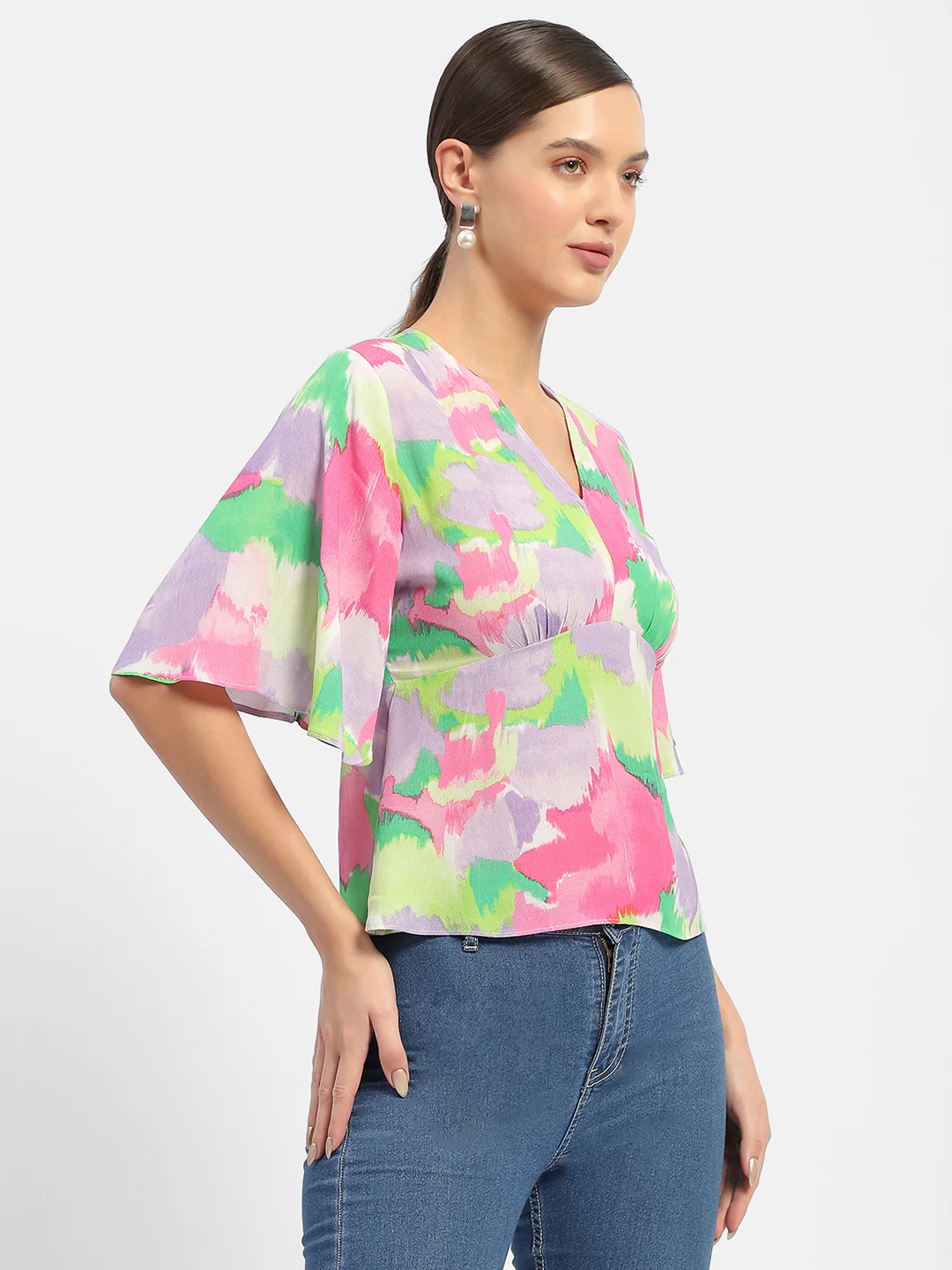 Madame Floral Print Pink Flutter Sleeve Top - Image 3