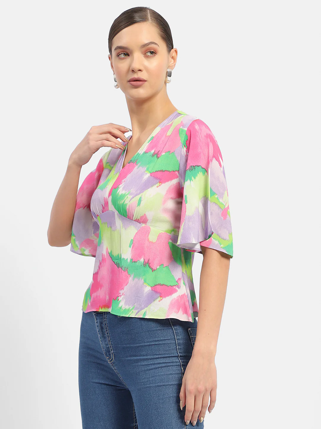 Madame Floral Print Pink Flutter Sleeve Top - Image 4