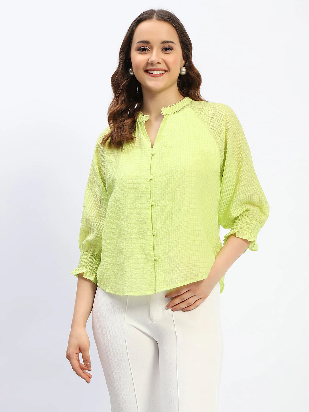 Madame Frill Sleeve Collared Neck Neon Tencel Top - Image 2