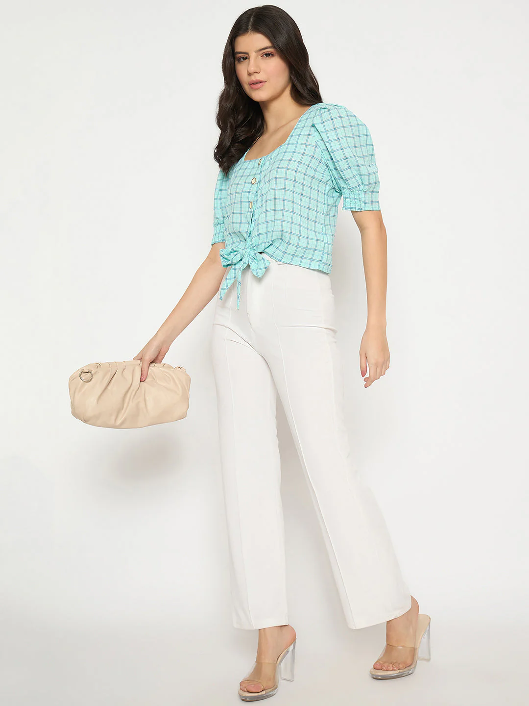 Madame Chequered Knotted Front Mint Green Crop Top - Image 2
