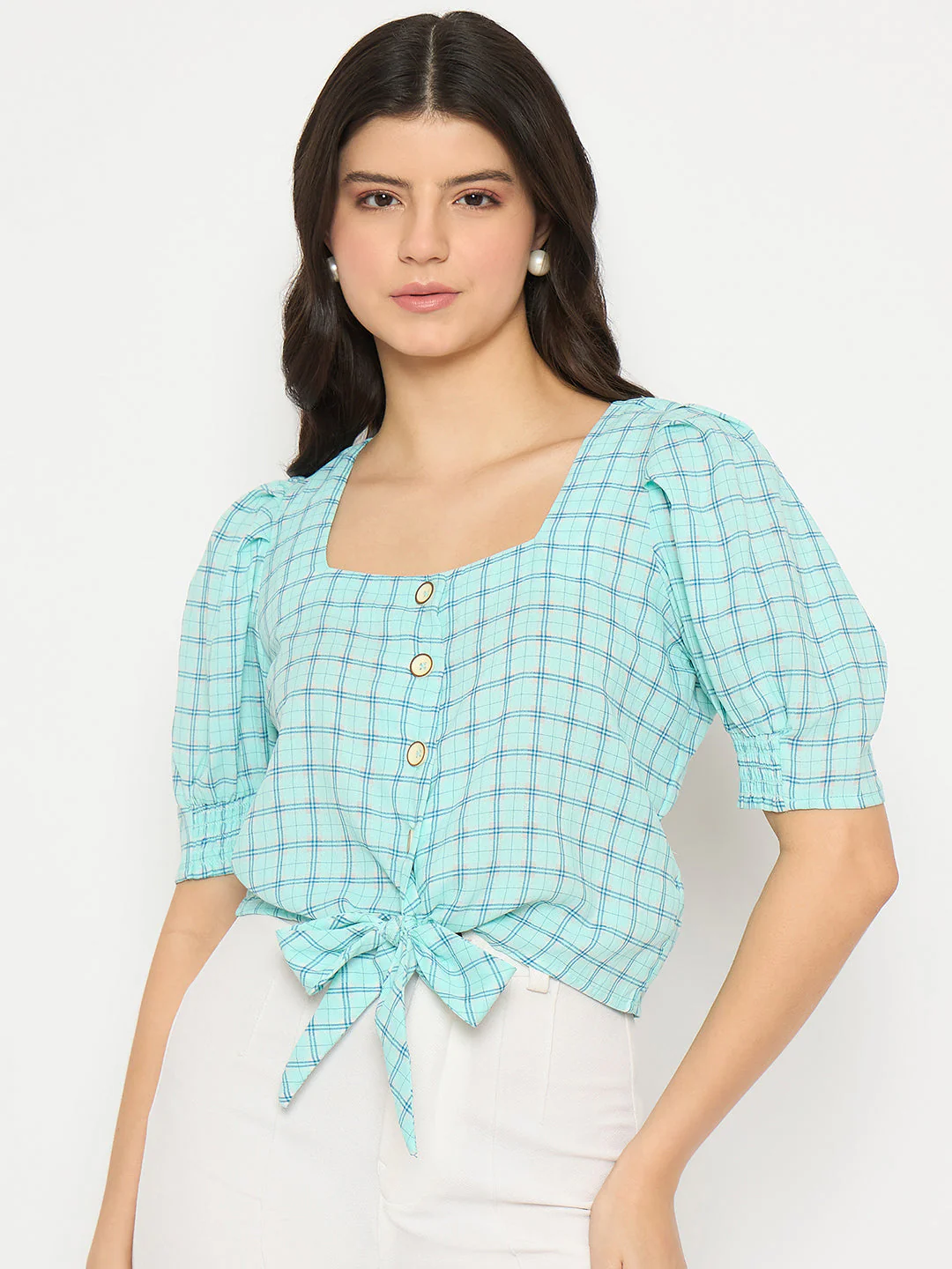 Madame Chequered Knotted Front Mint Green Crop Top - Image 3