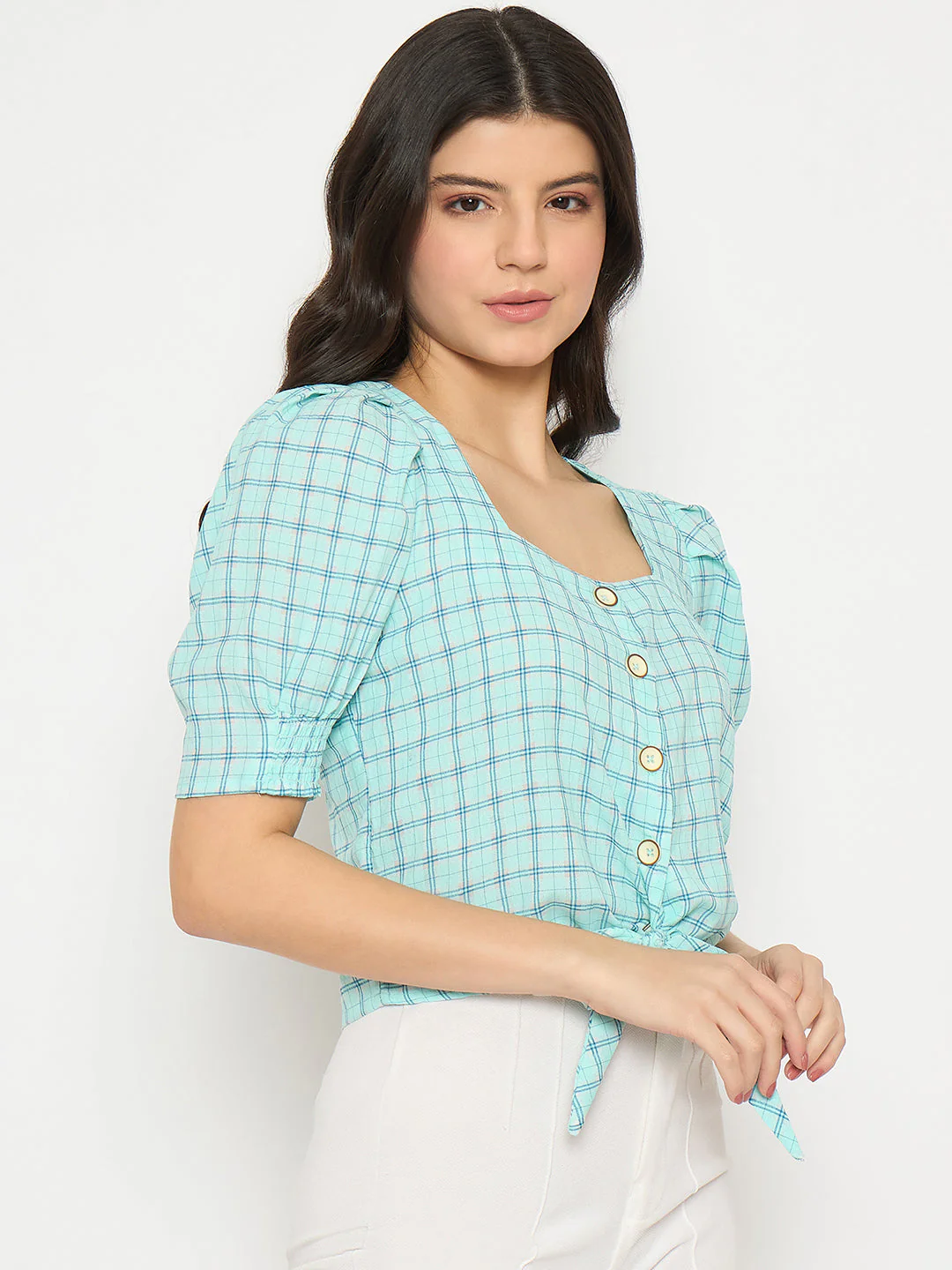Madame Chequered Knotted Front Mint Green Crop Top - Image 4