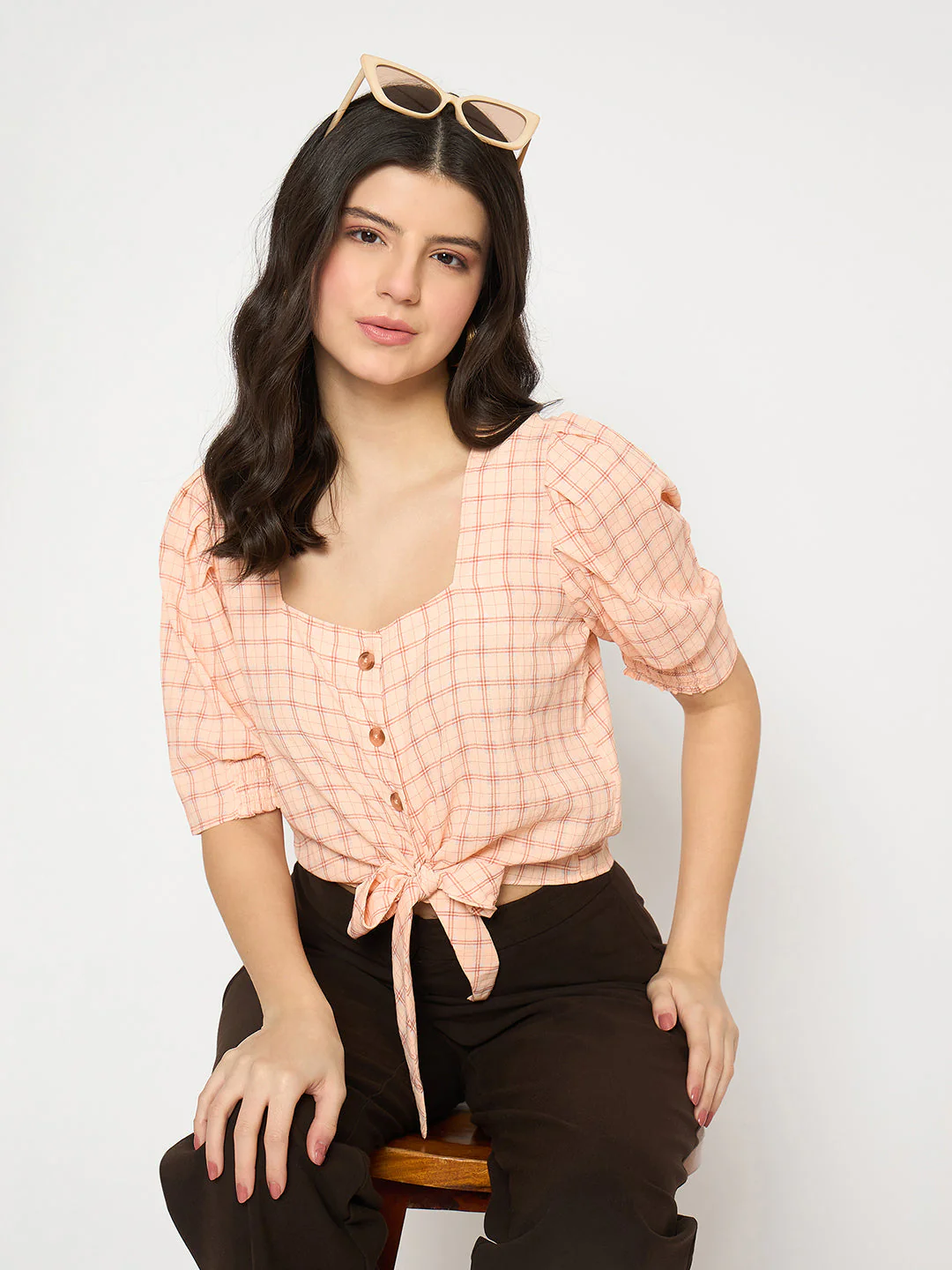 Madame Chequered Knotted Front Pink Crop Top