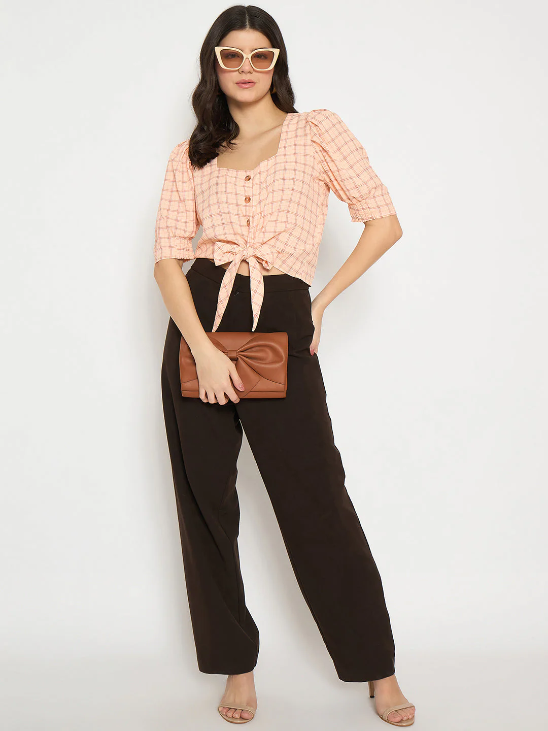 Madame Chequered Knotted Front Pink Crop Top - Image 2