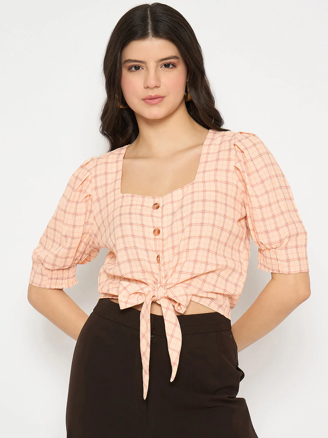 Madame Chequered Knotted Front Pink Crop Top - Image 3