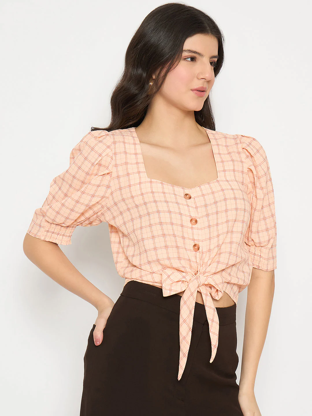 Madame Chequered Knotted Front Pink Crop Top - Image 4